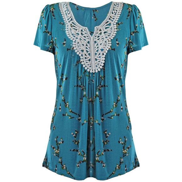 Turquoise Short Sleeve Floral Crochet Trim Tunic - Picture 1 of 3